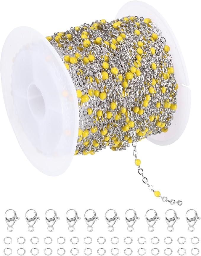 MECCANIXITY Stainless Steel Bead Chain, 16.4 Feet/5M Enamel Beaded Jewelry Link Cable Chains Spool Kit for Jewelry Making, Necklace, Bracelets, DIY Crafts (Silver/Yellow, Pack of 1)