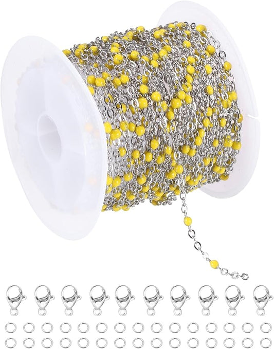 MECCANIXITY Stainless Steel Bead Chain, 16.4 Feet/5M Enamel Beaded Jewelry Link Cable Chains Spool Kit for Jewelry Making, Necklace, Bracelets, DIY Crafts (Silver/Yellow, Pack of 1)