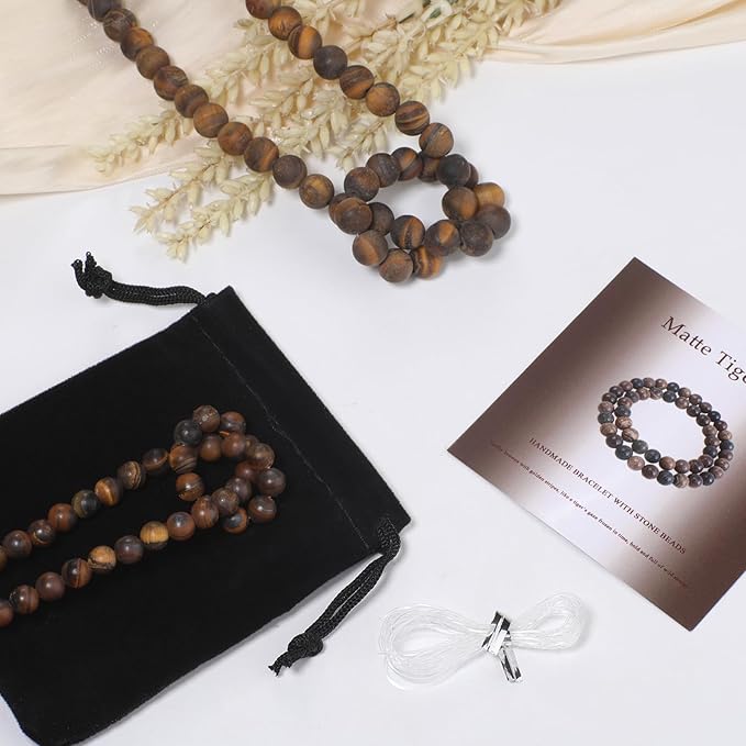 Stone Beads, 45pcs Matte Classic Tiger Eye, 8mm Round Loose Beads for Jewelry Making, Bracelets, with Bag, String & Card
