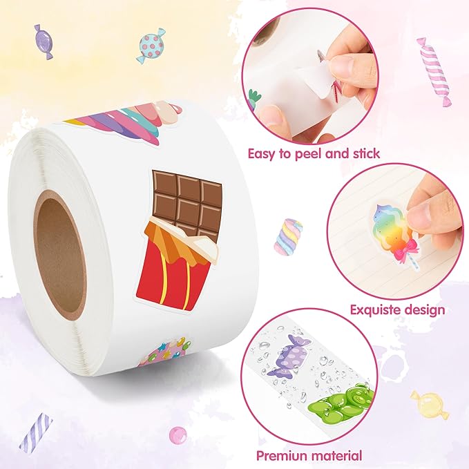 beyumi candy party sticker roll - 1000pcs candy party stickers in 2 rolls waterproof vinyl sweets themed cute dessert decal for gift laptop bottle scrapbooking luggage computer envelope decor for kids