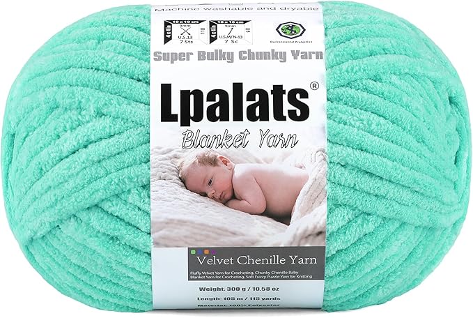 Baby Blanket Yarn for Crocheting - 1 Pack of 300g/10.6oz Super Fluffy Chunky Chenille Yarn for Hand Knitting, 115 yds Super Bulky Plush Yarn for Cozy Blankets and Amigurumi (1, Aqua Green)