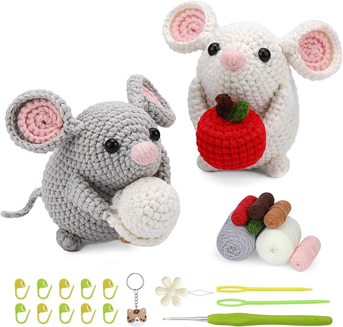 Kogyxe Beginners Crochet Kit, Amigurumi Crocheting Animals Kits w Step-by-Step Video Tutorials, Crochet Starter Kit Knitting Starter Pack for Adults Beginners, 2 Hamster Family (40%+ Yarn Content)