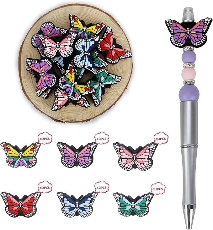 14PCS Butterfly Silicone Beads for Pens, 14Pcs Silicone Focal Beads for Keychain Making DIY Handicraft（Butterfly ）