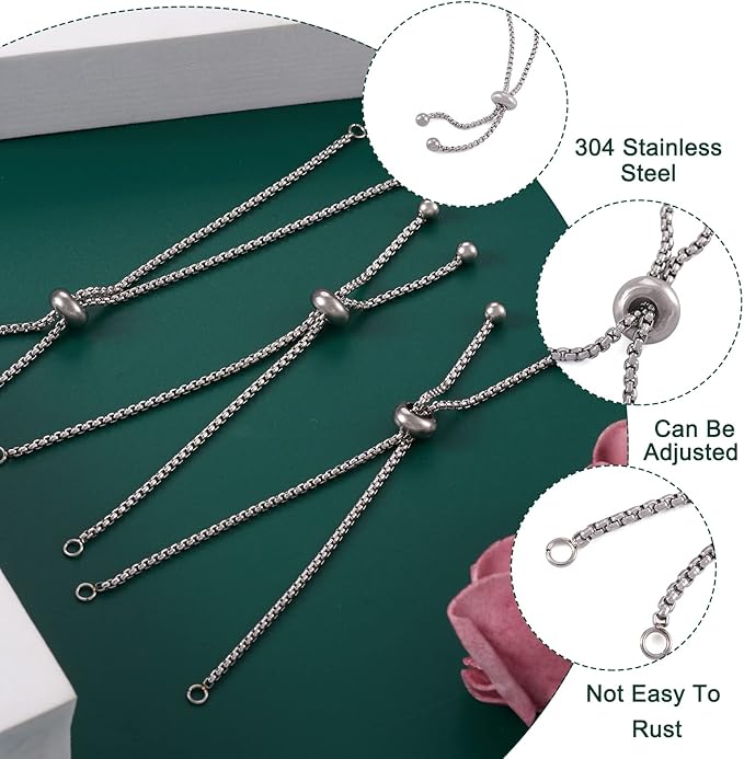FASHEWELRY 10Pcs Stainless Steel 9" Slider Extender Box Chain Bracelet Adjustable with Ball End for Bracelet Jewelry Making