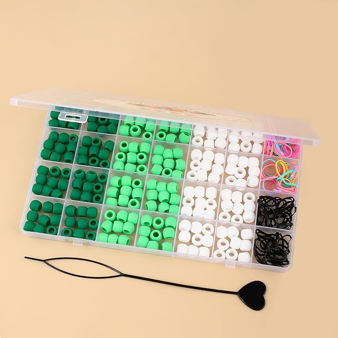 AD Beads 216PCS 6x9mm Soft Pony Silicone Beads for stylehair, Green Series with 80 Elastic Bands, Tool and Storage Box Kit for Braids, Bracelet, Crafts.