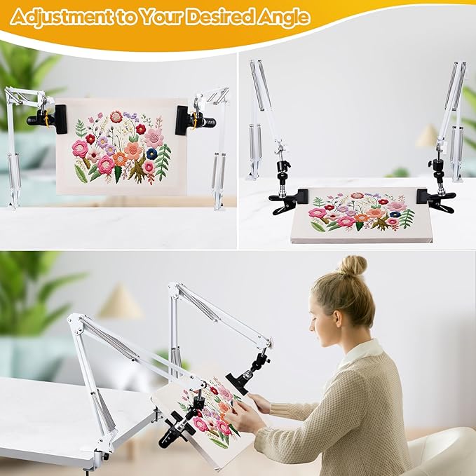 2 sets adjustable embroidery hoops stand for hand work,white cross stitch frame with 360° rotation,needlework frame, embroidery stand suitable for embroidery kit,hoop/tablet/phone holder desk stand