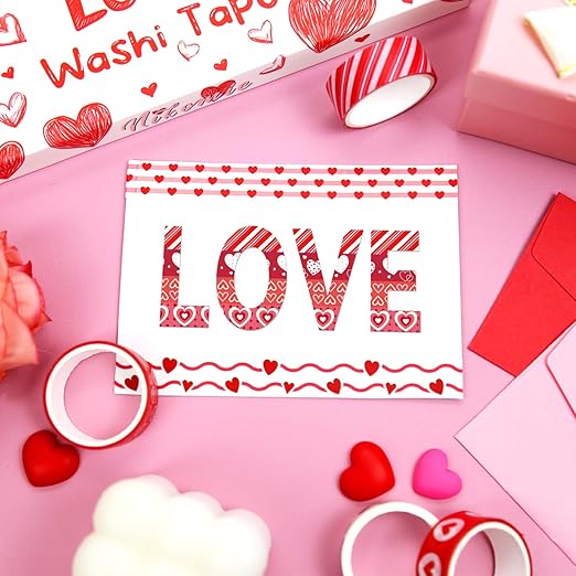 12 Rolls Love Heart Washi Tape Set, Pink Red Decorative Tape Valentine Stripe Dots Masking Tape for Journaling Supplies,Wedding Party,Junk Journal, Scrapbooking, Planner, DIY Arts & Crafts