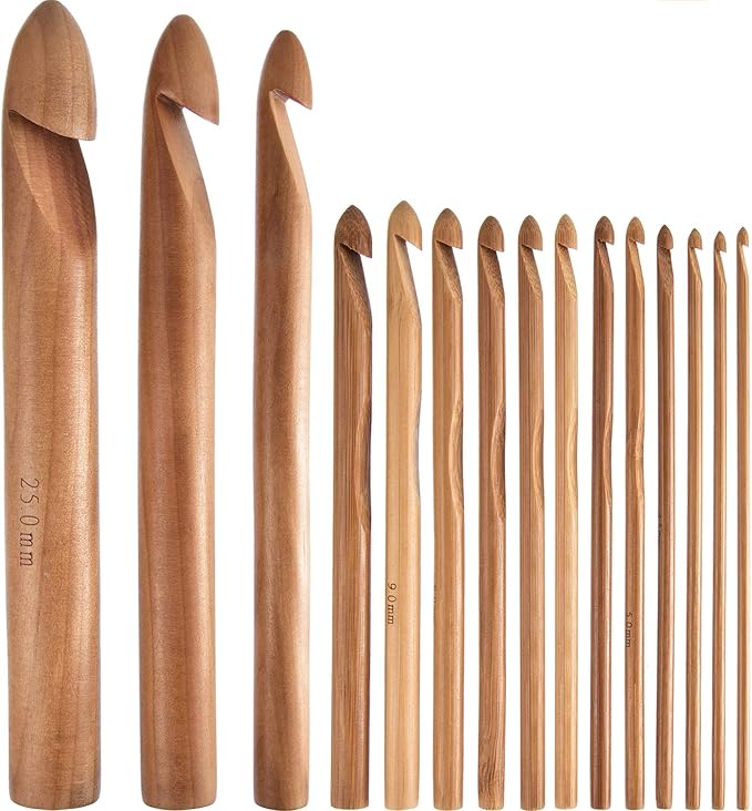 Hestya 15 Pieces Wooden Bamboo Crochet Hooks Set 3 to 25 mm in Diameters Handcrafted Knitting Needles Weave Yarn Craft