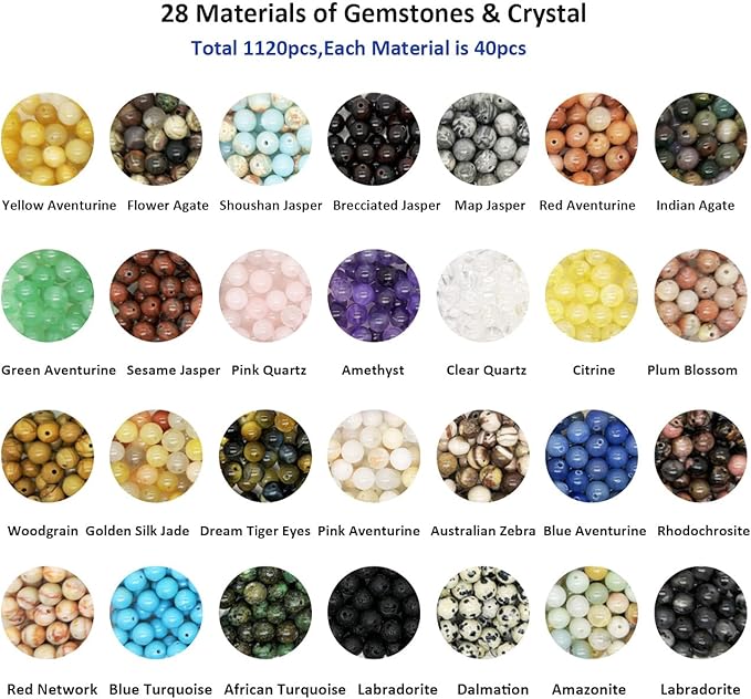 Yephac 1120pcs 6mm Natural Stone Beads, Round Crystals Bead Genuine Real Stones, Gemstone Beads Kit Charms for Bracelets Jewelry Making,Box Packed(28 Colors-1,6mm)