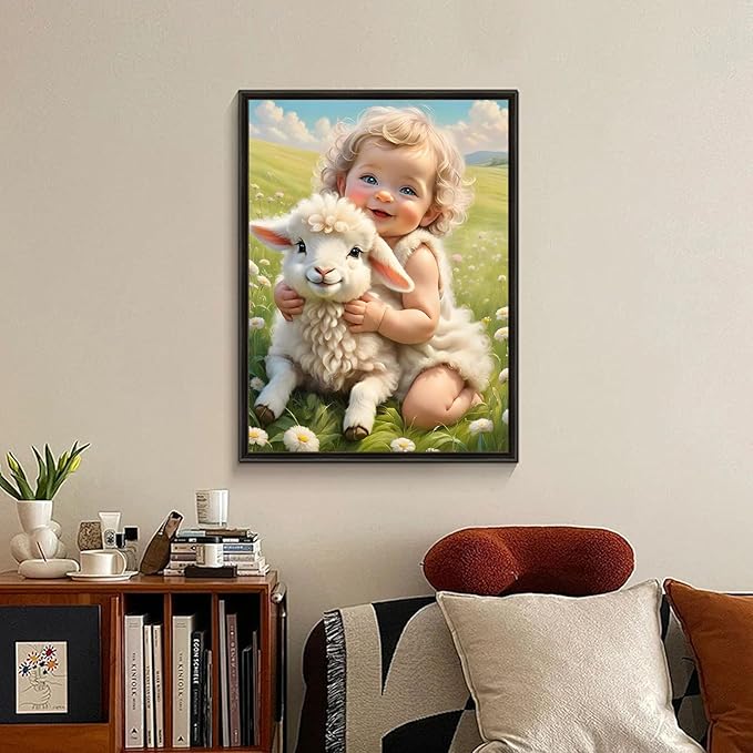 Fountor Sheep Diamond Art Kits for Adults, Cute Girl Diamond Painting Kits for Adults Beginners, DIY 5D Animal Diamond Painting with Round Gem Art Kits for Gift Home Wall Decor 12x16 Inch