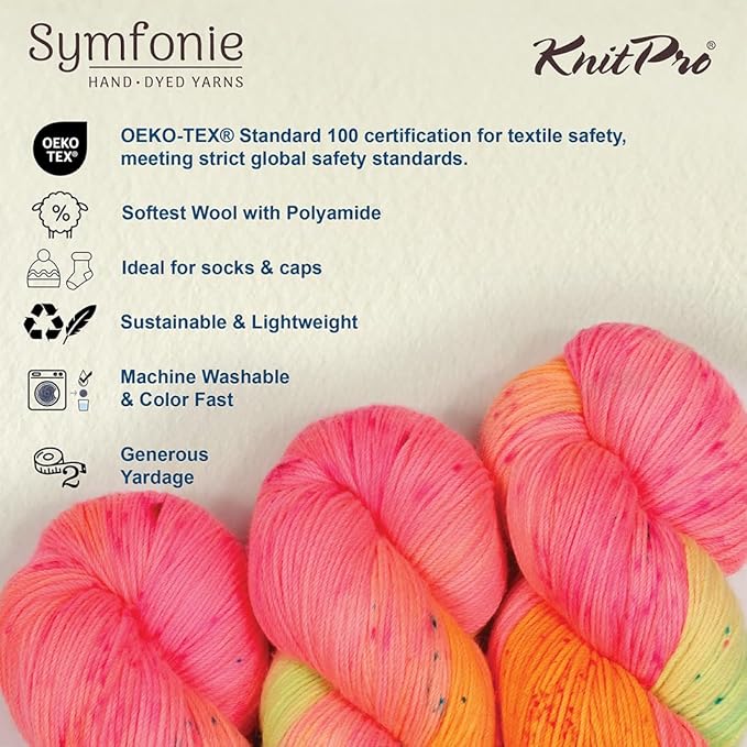 KnitPro Symfonie Fingering Weight Hand Dyed Variegated Yarn Skein | Extra Fine Merino Wool & Polyamide Blend for Knitting & Crocheting, Oeko-TEX Certified 400m, 100g | Terra Galaxy Glow