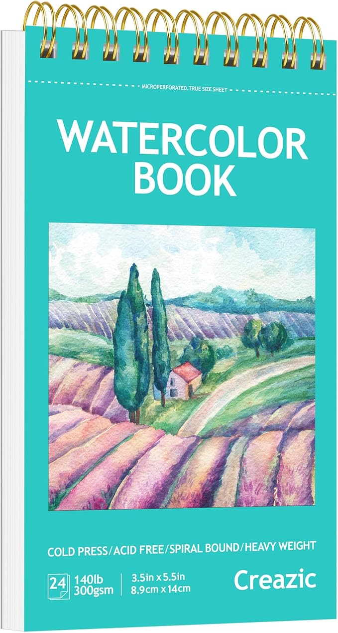 Creazic Small Watercolor Sketchbook, 3.5" x5.5”(140lb/300g), Spiral Bound with Tear Line. Artist Water Color Paper, Portable Travel Notebook for Watercolor or Quick Sketch - Ideal for Kids & Adults