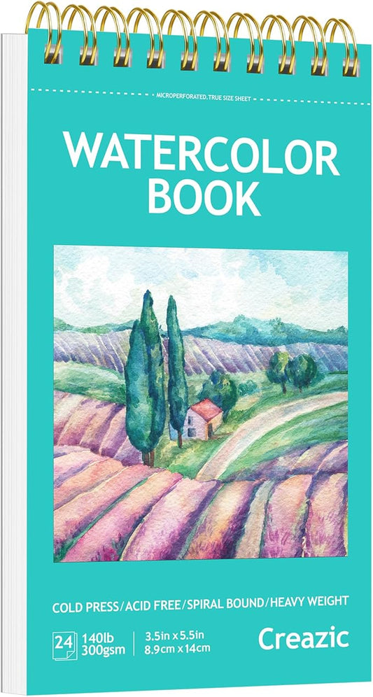 Creazic Small Watercolor Sketchbook, 3.5" x5.5”(140lb/300g), Spiral Bound with Tear Line. Artist Water Color Paper, Portable Travel Notebook for Watercolor or Quick Sketch - Ideal for Kids & Adults