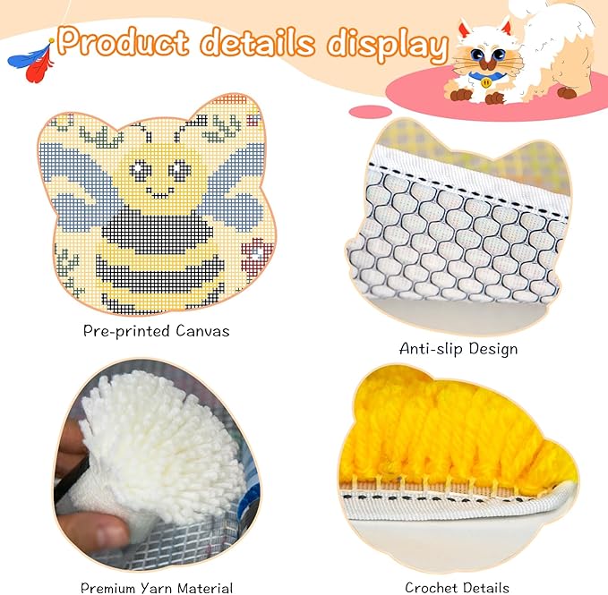 YP Small Latch Hook Kits Rug Bee Crochet Yarn Cushion Colour Pre-Printed Canvas Rug Needlework DIY Embroidery Craft Latch Hook Kit for Beginner,12'' X12''