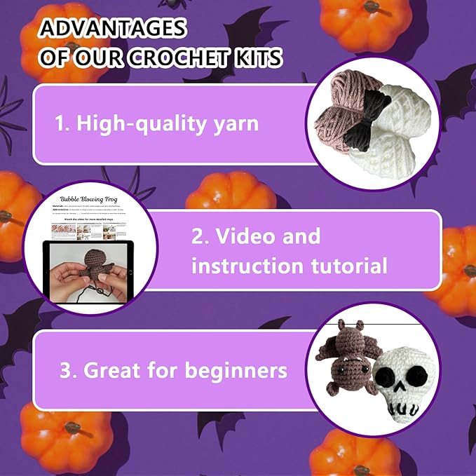 Xanadued Crochet Kit for Beginners, Crochet Halloween Bat & Skull Set, Knitting Kit for Beginners Adults, Easy Learn to Crochet Kit with Tutorial and Step-by-Step Instruction Vedio