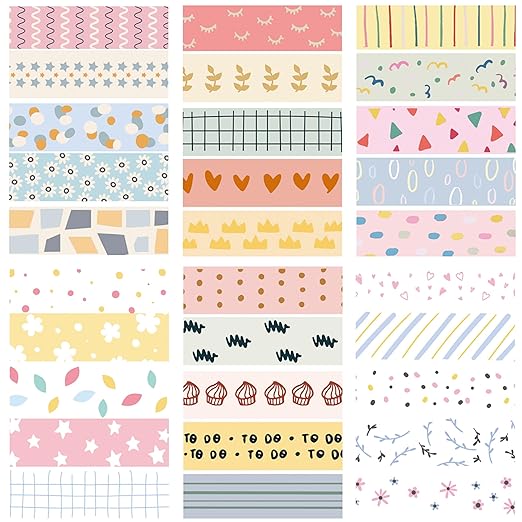 YUBX Basic Washi Tape Set 30 Rolls Cute Patterns Decorative Skinny Slim Masking Tapes for Arts, DIY Crafts, Journals, Planners, Scrapbook, Wrapping (Kawaii One)