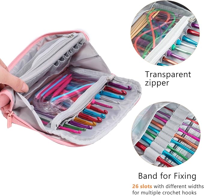 MYBAGZING Empty Crochet Hook Case, Stand-Up Waterproof Crochet Organizer with Multiple Pockets, Portable Storage Holder for Knitting & Crochet Accessories (Case Only)