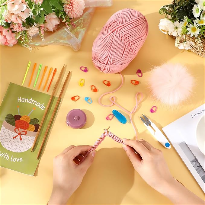 GliCraft Knitting Kits for Beginners Adults Hat Knit Kit with Yarn, Knitting Needles, Faux Pom, Scissors, Measuring Tape Practical and Easy to Use Complete Beginners for Women Men Present(Dark Pink)