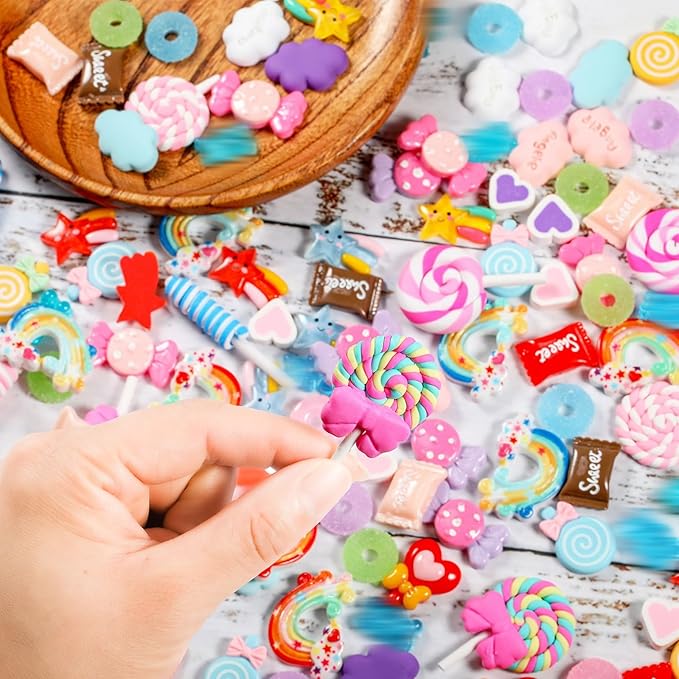 WILLBOND 50 Pieces Assorted Charms Cute Set Flatback Beads Making Kit Mixed Candy Sweets Resin Random Kawaii Candy Resin Ornaments for DIY Craft Scrapbooking Decoration
