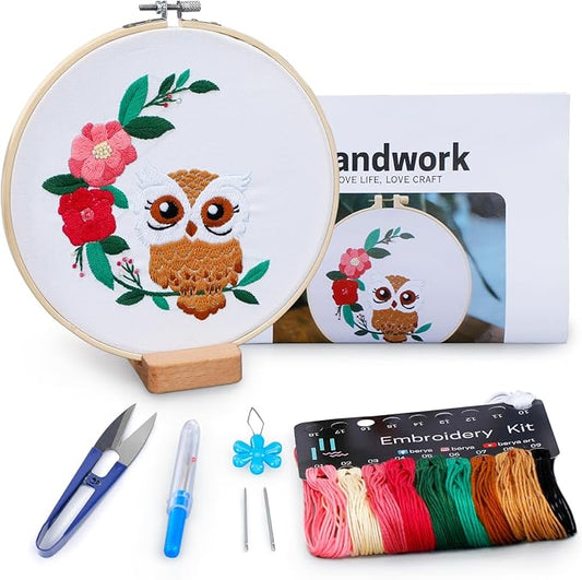 BERYA Owl Embroidery Kit, Embroidery Kit for Adult, Owl Pattern Practice Kit, Including Video Step by Step Instructions, Embroidery Hoop, Cloth, Needles and Thread for DIY Craft Lover (BEO013)