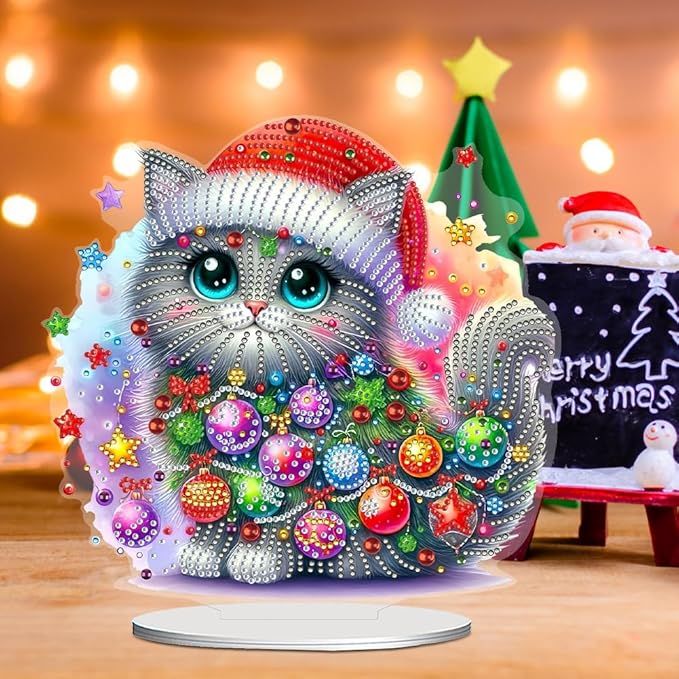 LAKEQUILL Christmas Diamond Painting Kits, Tabletop Ornament, Stand Up Diamond Art Desktop Kits for Home Office Decor, New Year Gift - Christmas Cat