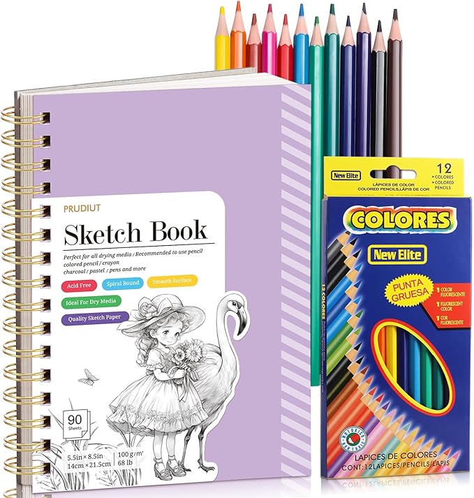 Sketch Book with 12 Color Pencil Set, 90 Sheets Spiral Sketchbook for Drawing (68lb/100gsm), Acid-Free Sketch Pad for Artist, Art Paper Drawing Supplies for Gifts(Purple)