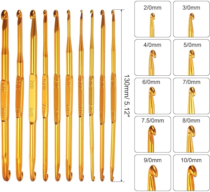 uxcell Double End Crochet Hooks 2/0 to 10/0 Aluminum Golden Tone Knitting Needles Crocheting Stitch for DIY Weave Craft Yarn 10Pcs