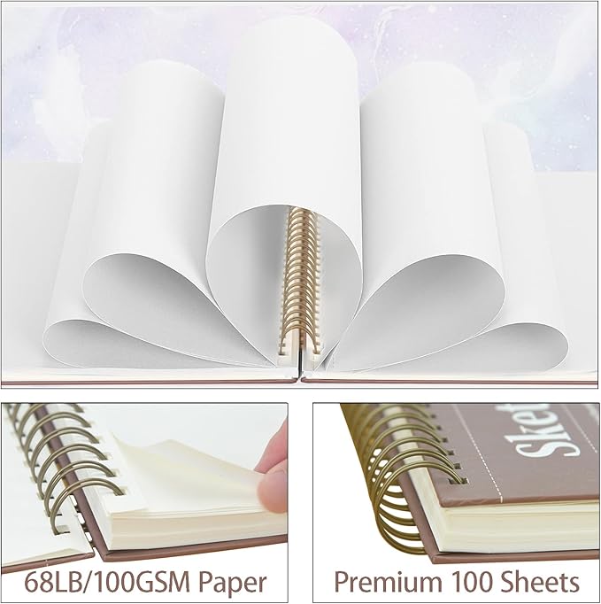 Crehatos 9" x 12" Sketch Book, Top Spiral Bound Sketch Pad, 100 Sheets Each 68lb/100gsm Drawing Paper, 2 Pack
