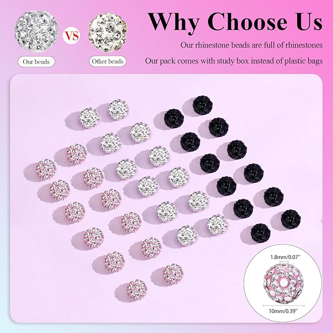 Dowarm 255PCS 10mm Rhinestone Beads for Baseball Rhinestone Necklace Bracelet Jewelry Making, Round Polymer Clay Beads for Crafts Beaded Pen, Shamballa Pave Disco Diamond Bead, Pink|White|Black