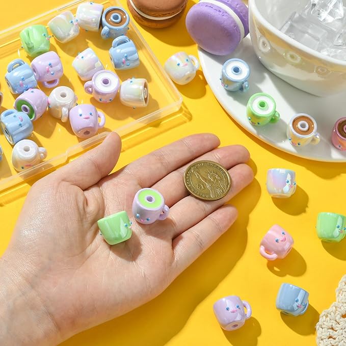 Ipotkitt 30 Pcs Colorful Opaque Acrylic Coffee Cup Beads Drink Tea Milk Mug Beads Cartoon Cute Cup Shaped Beads for Jewelry Making DIY Crafts Supplies