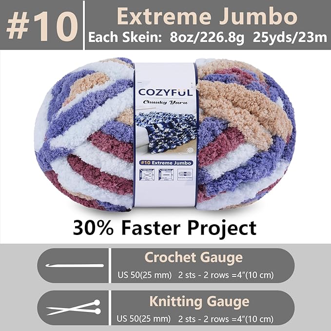 Chunky Yarn for Hand Knitting - #10 Chunky Chenille Blanket Yarn, Jumbo Big Thick Chunky Yarns for Crocheting, Tie Dye Bulky Knit Yarns, 8 Skein (25 yds 8 oz Each Skein), Multi Blue&Red&Khaki