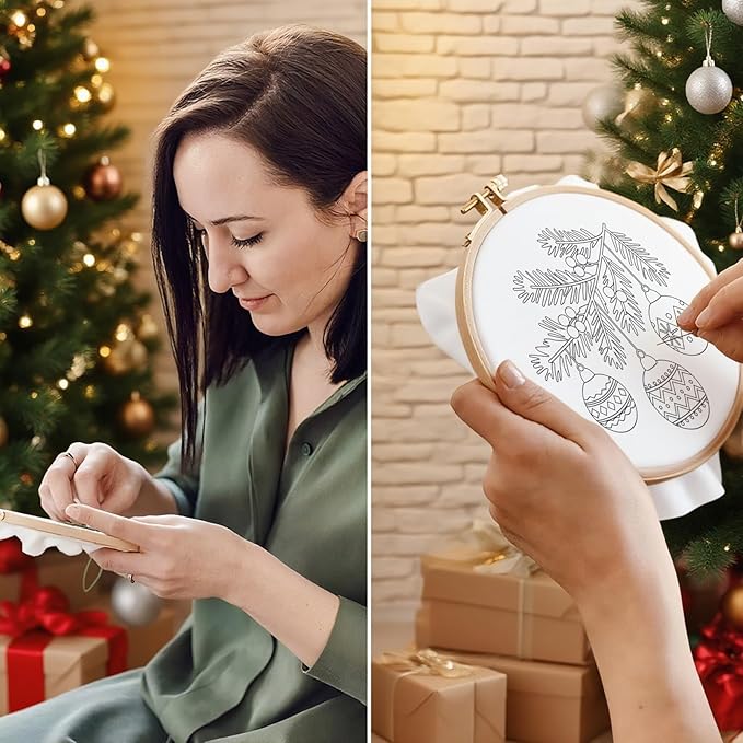 ORIGACH 6 Pcs Christmas Embroidery Kit for Beginners, Stamped Design Embroidery Starter Kit Includes Cloth, Hoops, Threads & Needles