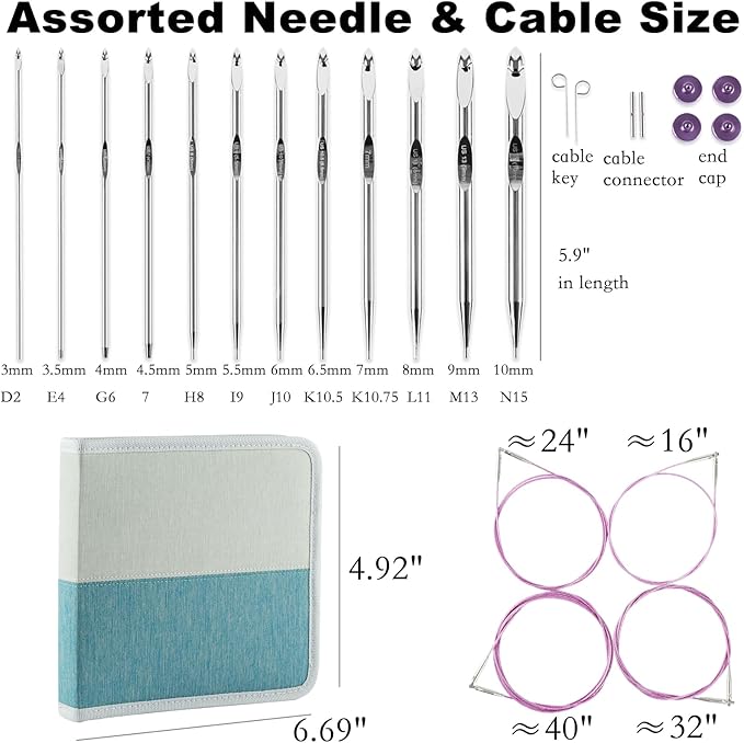 Svartur Tunisian Crochet Hooks Set with Cable, Afghan Crochet Hooks Interchangeable, Size from 3mm-10mm Aluminium Crochet Knitting Needles for Crocheting