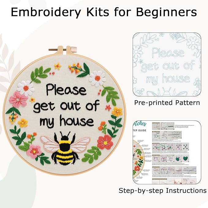Nuberlic Funny Bee Embroidery Kits for Beginners, Please Get Out of My House Embroidery Kit for Adults- Easy Cross Stitch Starter Kit with Printed Fabric, Hoop, Needles Instruction and Threads