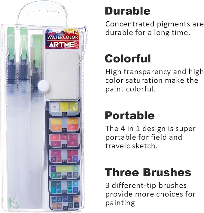 Watercolor Paint set – 42 Assorted Colors with 3 Brushes – Perfect Foldable Watercolor Field Sketch Set for Outdoor Painting –Travel Pocket Watercolor Kit