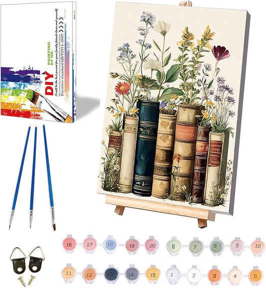 xackcme Book Paint by Numbers for Adults with Framed Canvas - with Wooden Easel, Flowers Paint by Number on Canvas, DIY Books Acrylic Oil Painting Kits with Brushes for Home Wall Decor (8x12 inch)