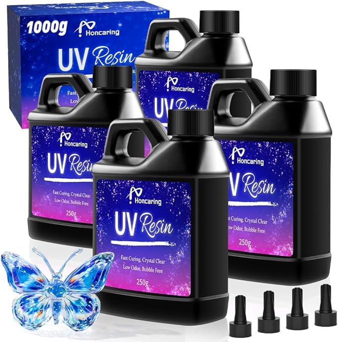 uv resin 1000g, hard type clear beginner-friendly kit, upgraded formula & crystal clear for jewlery making, art craft, 250g*4 resin uv kit for earring, pendant, diy