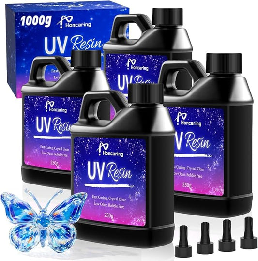 uv resin 1000g, hard type clear beginner-friendly kit, upgraded formula & crystal clear for jewlery making, art craft, 250g*4 resin uv kit for earring, pendant, diy