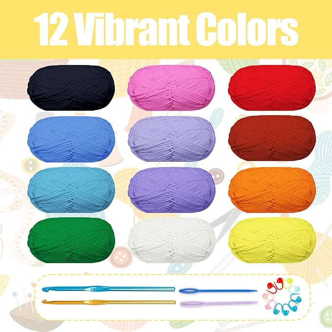 SUNTQ 12x50g Large Acrylic Yarn Skeins, 28 PCS Crochet Yarn Kit in 12 Assorted Colors Bundle, 1200 Yards Yarn Balls, 2 Hooks, 2 Needles, 10 Stitch Markers, Ideal Starter Pack for Crochet & Knitting