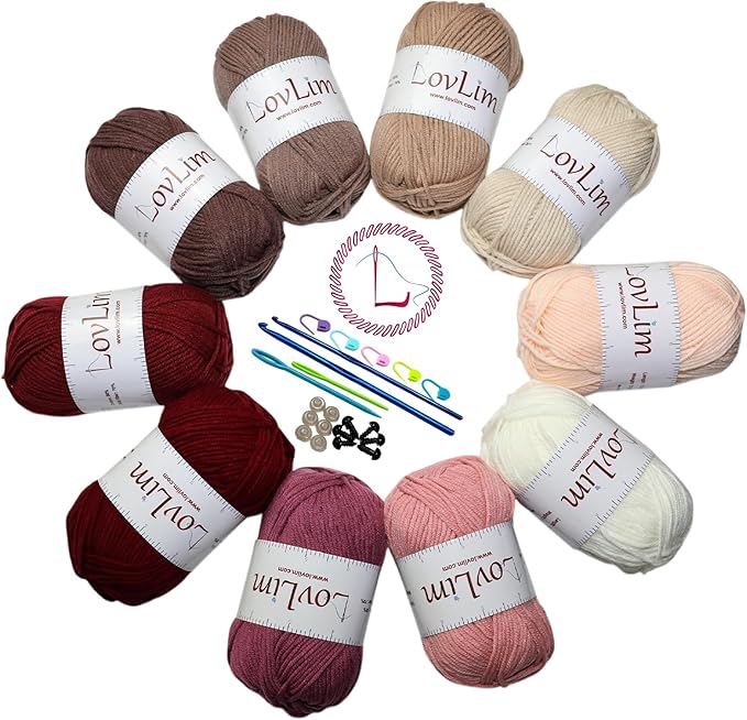 Crochet Yarn, 10x50g Soft Cotton Yarn Skeins, 1200+ Yards, for Crochet and Knitting, Free Crochet/Amigurumi Patterns, Craft DK Yarn Perfect Starter Kit (Pinkish_Brown)