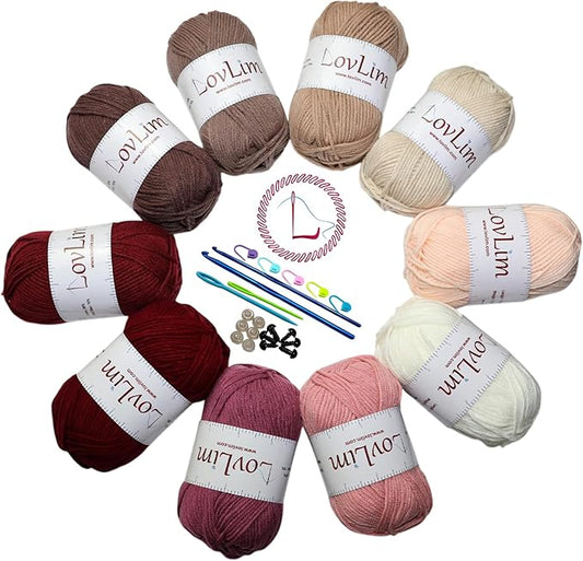Crochet Yarn, 10x50g Soft Cotton Yarn Skeins, 1200+ Yards, for Crochet and Knitting, Free Crochet/Amigurumi Patterns, Craft DK Yarn Perfect Starter Kit (Pinkish_Brown)