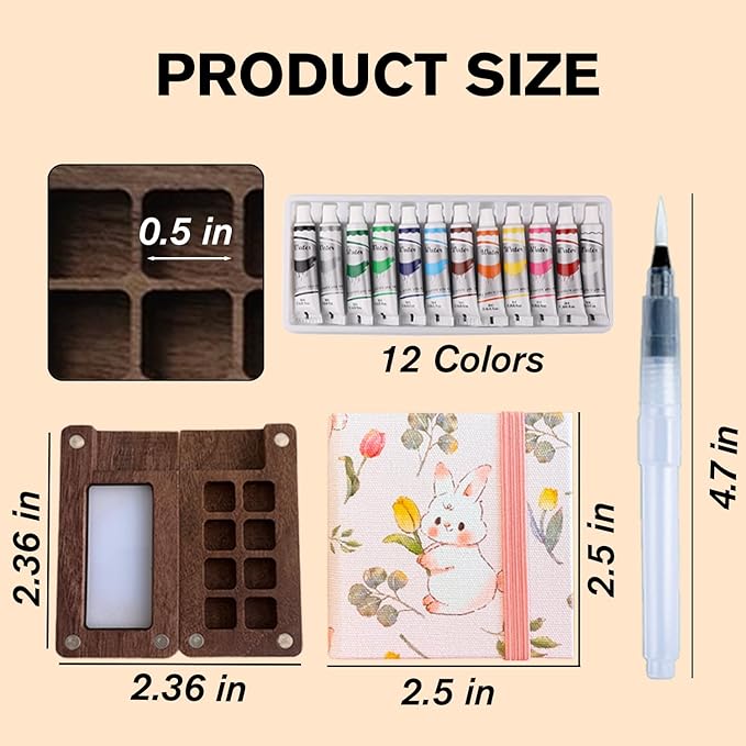 Aimery Mini Watercolor Paint Travel Set, Portable Small Miniature Pocket Water Color Painting Kit with Wooden Palette & Sketchbook(Pink Bunny)