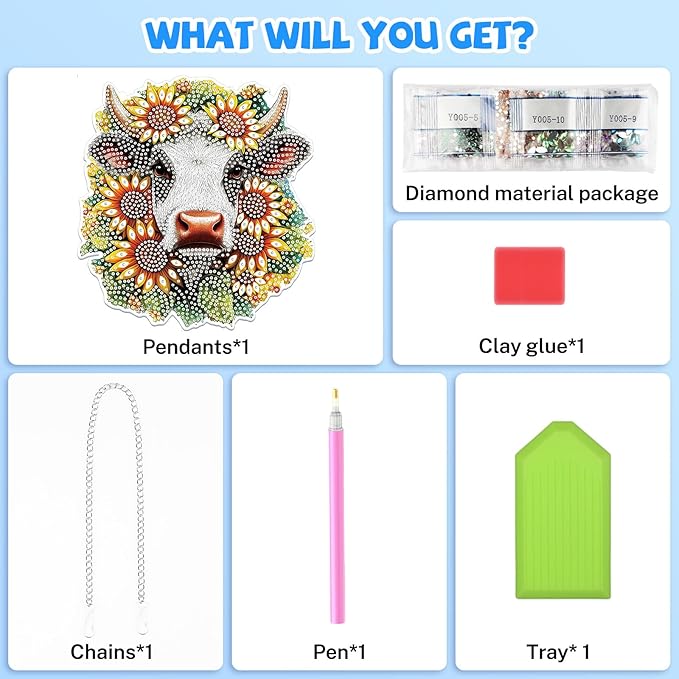 Bowetile Hanging Diamond Art Cow Kits for Adults, 5D Special Shape Diamond Painting Sunflower Kits, Animal Diamond Gem Art Suncatchers Painting Pendant Ornament for Home Garden Wall Decor