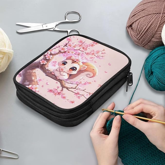 Hechitok Squirrel Cherry Blossom Crochet Hook Case with Zipper and Web Pockets for Crochet Needles/Knitting Accessories Lightweight Organizer Bag for Crochet Hook Kit Tools