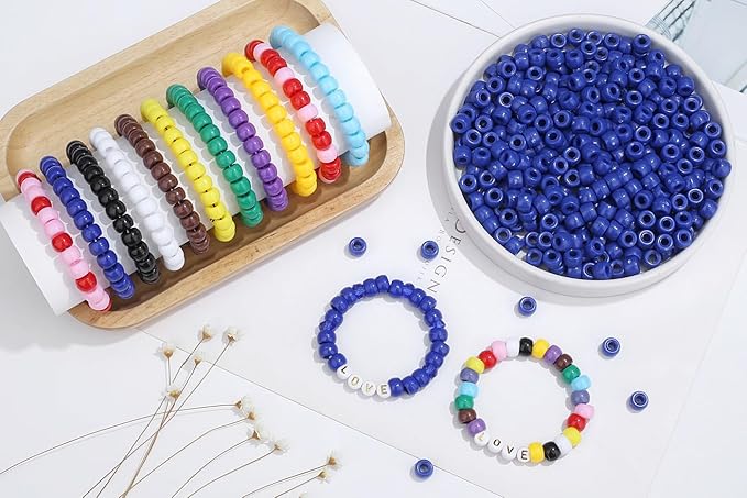 1000Pcs Blue Pony Beads 6x9mm Perler Crafts Bead for Necklace Bracelets, Plastic Beads Kit, Hair Braids Pony Bulk Kandi Hair Bead for Keychain Jewelry Making(Blue)