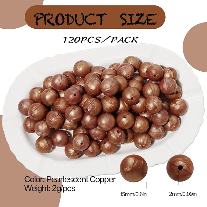 120pcs Richbunnys 15mm Bulk Silicone Beads for Pens and Keychain Making,Large Bead for Necklace and Bracelets Making,Assorted Rubber Beads Set（Pearlescent Copper）