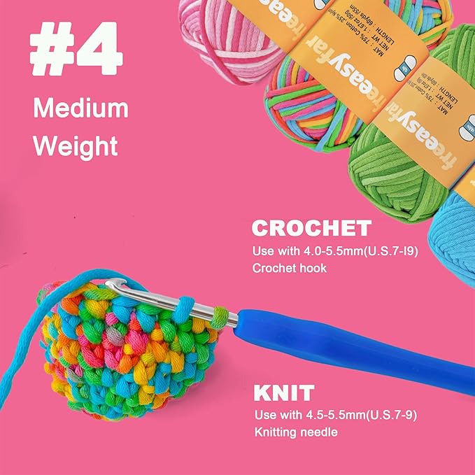 4x50g Beginner Crochet Yarn for Crocheting and Knitting; Beginner Easy Yarn kit with Tool Set (Rainbow+Strawberry+Lawngreen+Aqua, 4 Skein)