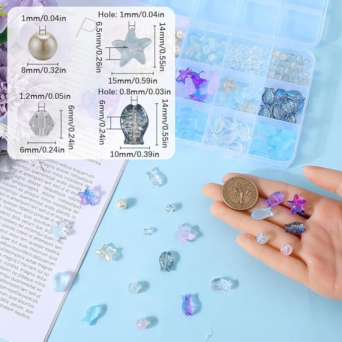 SUNNYCLUE 1 Box 250Pcs Bohemian Style Summer Ocean Glass Beads Bulk Blue Fish Double Sided Purple Starfish Bicone Beads 6mm 8mm Imitation Pearls Crackle Spacers for Jewelry Making Kits