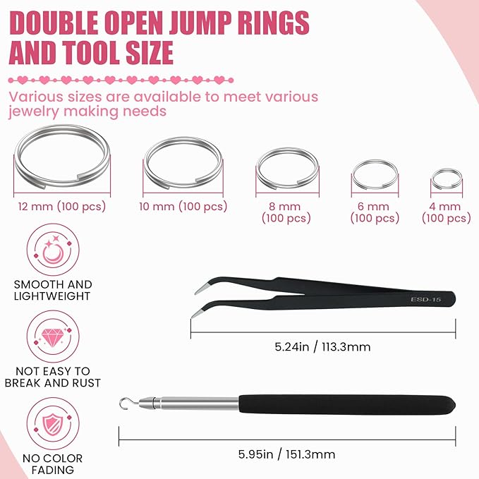 500 Pcs Double Open Jump Rings Kit, Stainless Steel Mini Round Split Craft Jump Keychains Key Ring with Double Loops Connectors for Jewelry Making, Bracelets Necklace Repair, DIY (4, 6, 8, 10, 12mm)