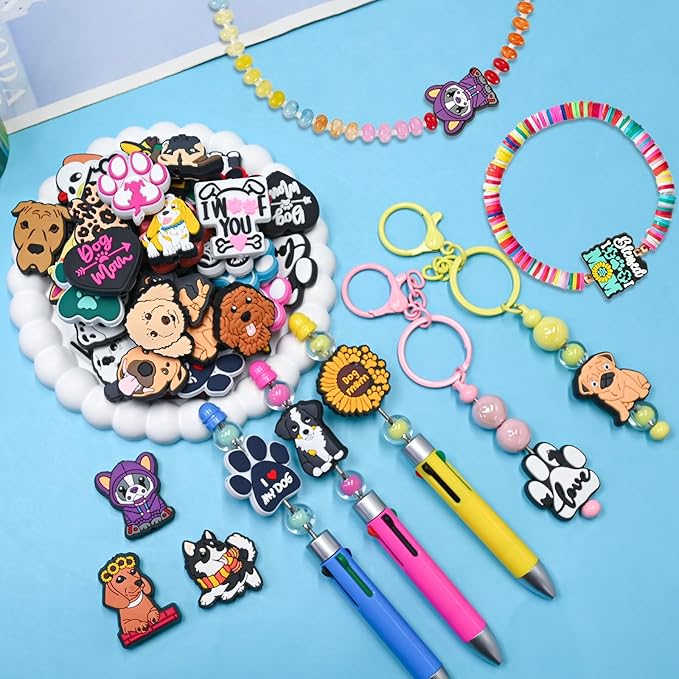 Silicone Focal Beads for Pens Dog Accessory Kit 50 Pcs Colorful Round Silicone Beads for Keychain Making Bracelet Necklace Handmade Crafts